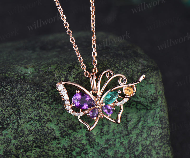Pear amethyst butterfly necklace vintage emerald citrine filigree pendant elegant 14k rose gold necklace for women jewelry gifts