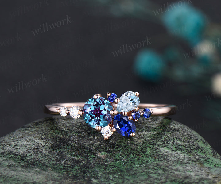 14K Gold Mixed Stone round cut Cluster Ring Christmas Ring Blue Sapphire Ring Alexandrite Anniversary Ring Blue Topaz Engagement Ring for anniversary