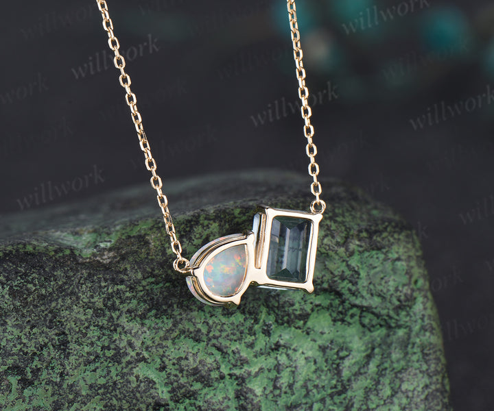 Emerald cut aquamarine and pear opal necklace 14k yellow gold two stone pendant women dainty anniversary gift mother