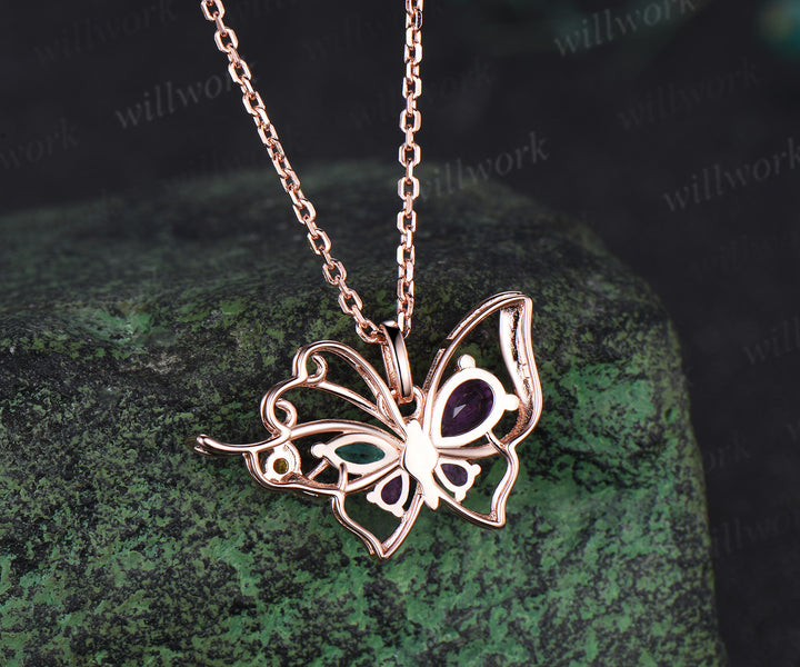 Pear amethyst butterfly necklace vintage emerald citrine filigree pendant elegant 14k rose gold necklace for women jewelry gifts