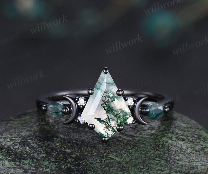 Black gold kite cut moss agate ring Unique crescent moon star engagement ring art deco delicate bridal wedding set handmade anniversary gift