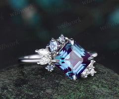 Asscher cut alexandrite engagement ring white gold cluster diamond promise wedding ring women color change gemstone ring