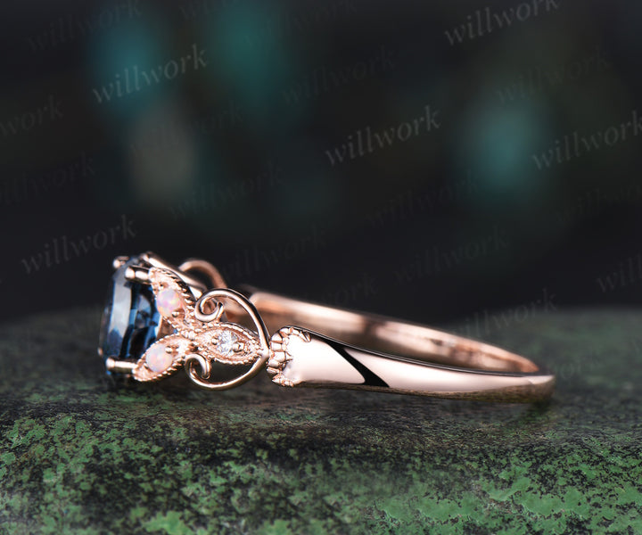 Round cut London blue topaz engagement ring vintage butterfly opal ring women 14k rose gold Milgrain diamond promise anniversary gift