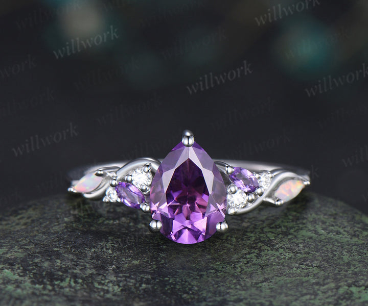 Pear cut purple amethyst engagement ring white gold infinity twisted opal anniversary ring gift