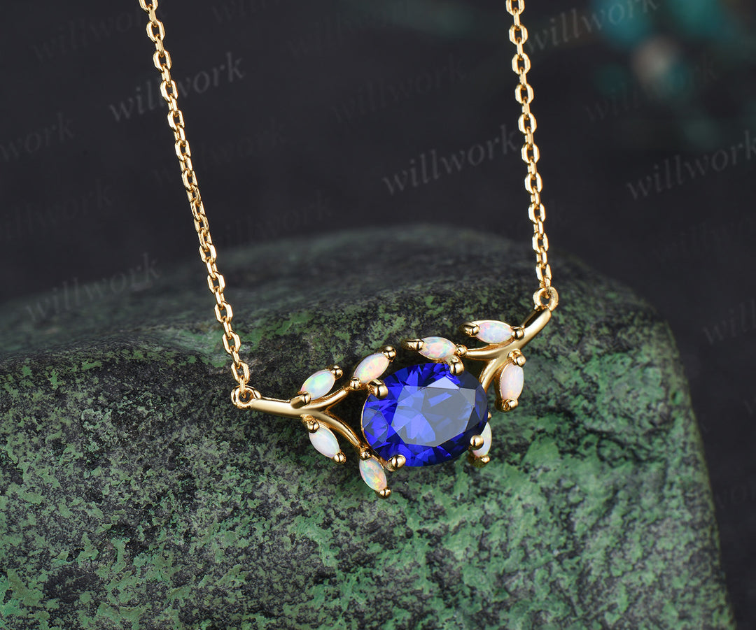 2ct oval blue sapphire Necklace East To West split shank cluster opal Pendant 14k gold anniversary gift women