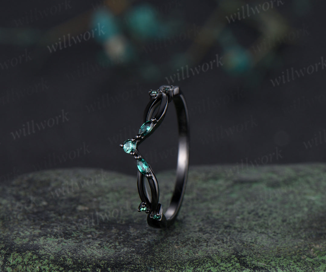 Curved emerald wedding band infinity marquise emerald stackable ring unique black gold wedding band for women