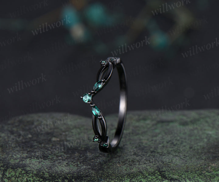 Curved emerald wedding band infinity marquise emerald stackable ring unique black gold wedding band for women