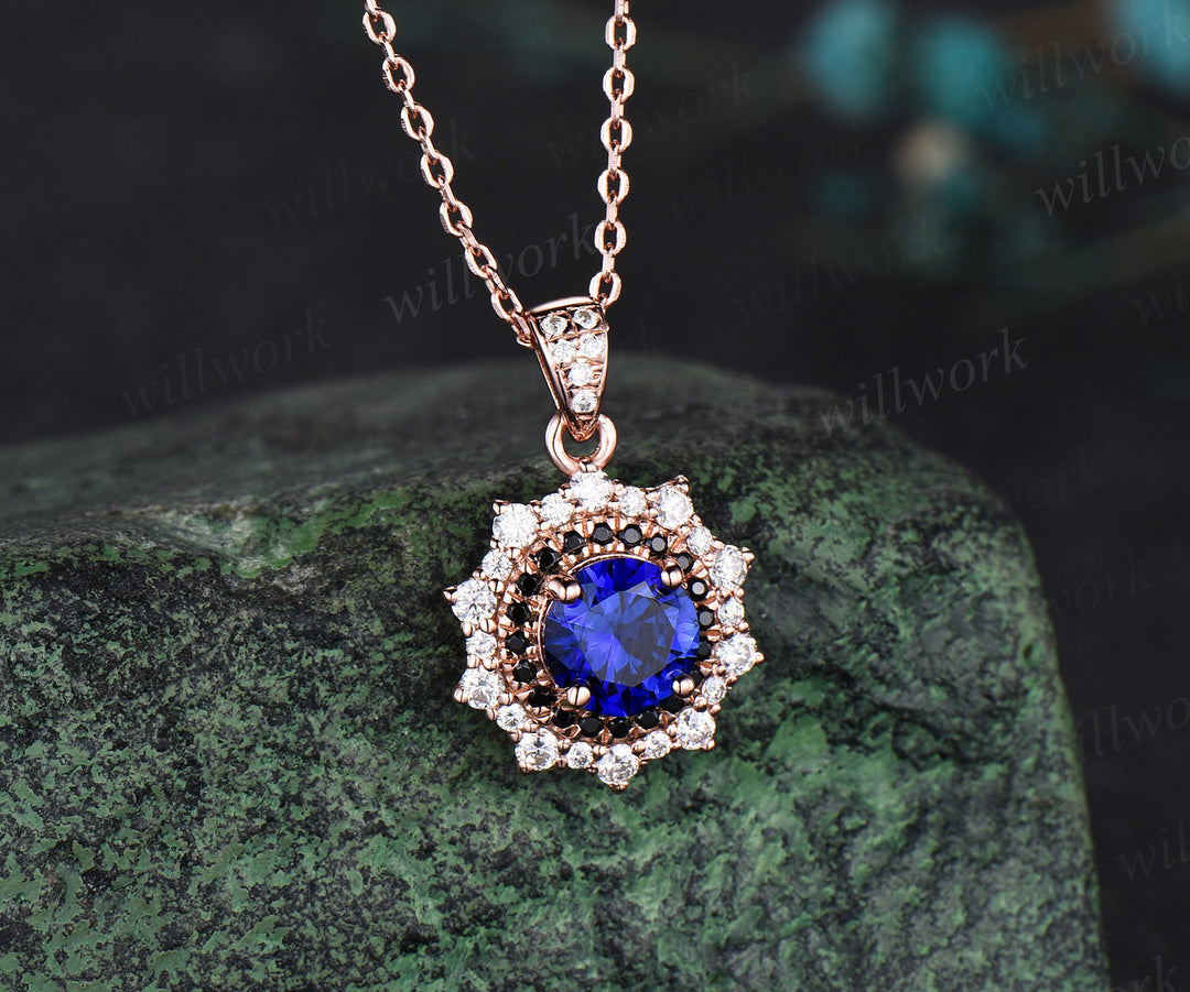 Round blue sapphire Necklace rose gold snowdrift double halo black diamond Pendant September birthstone anniversary gift