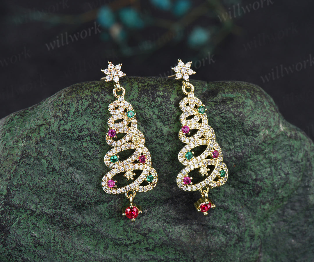 Christmas Tree Earrings Round Ruby Emerald Earrings Pave Moissanie Jewelry Xmas Gift for Women