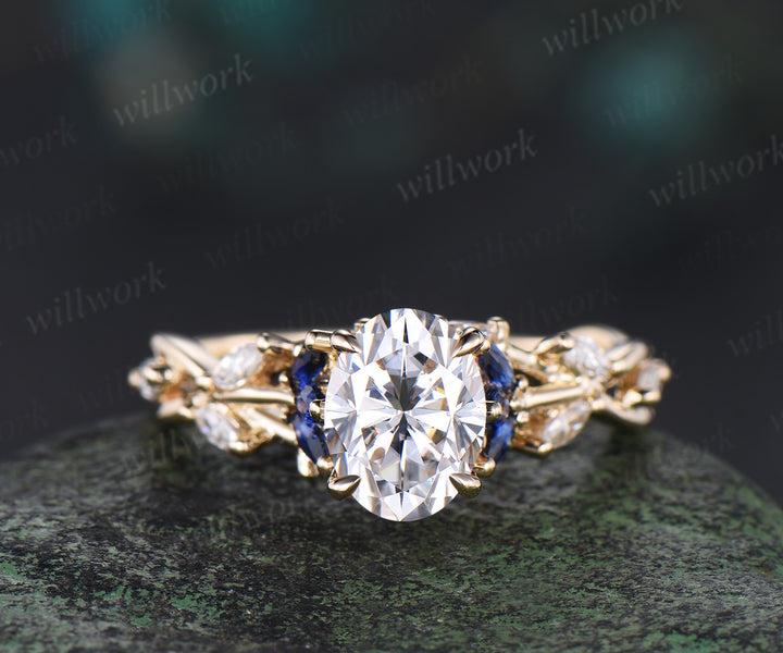 Vintage oval cut moissanite engagement ring set 14k yellow gold marquise sapphire diamond promise wedding ring set women jewely