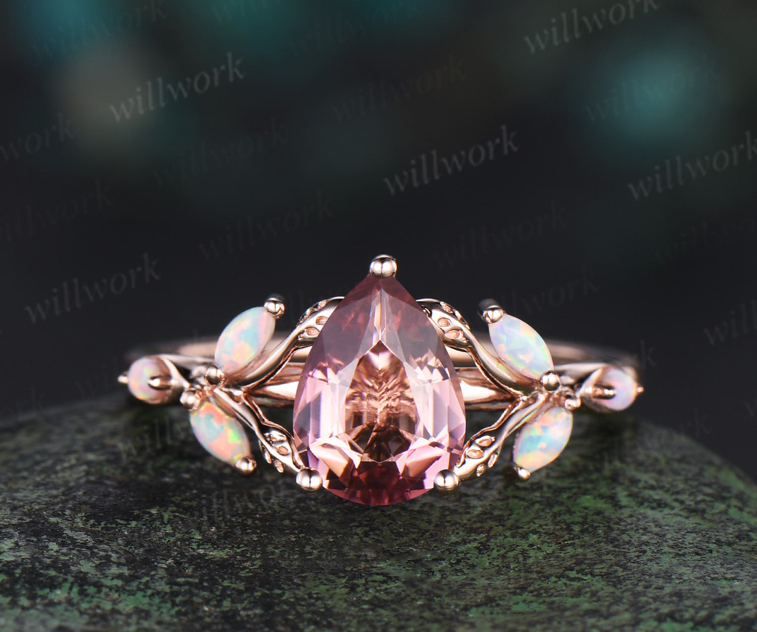 Pear cut pink Tourmaline engagement ring 14k rose gold leaf