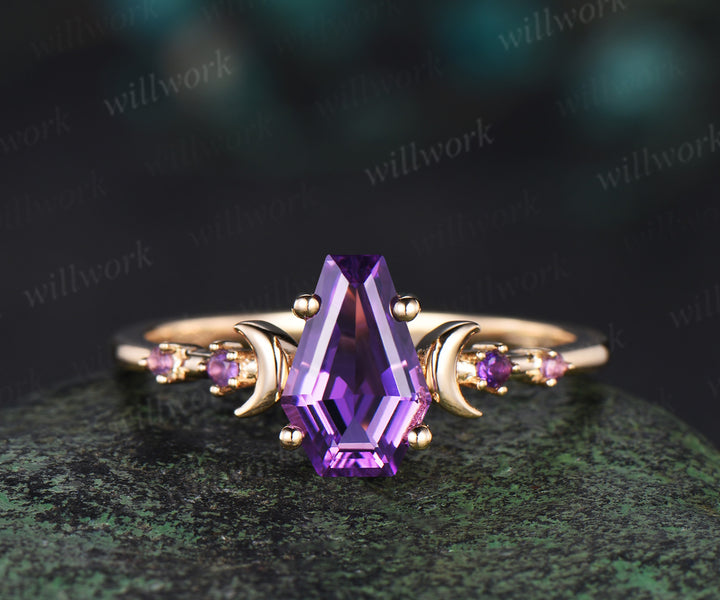 Coffin purple amethyst ring vintage five stone moon kite cut amethyst engagement ring set women opal wedding ring band anniversary gift