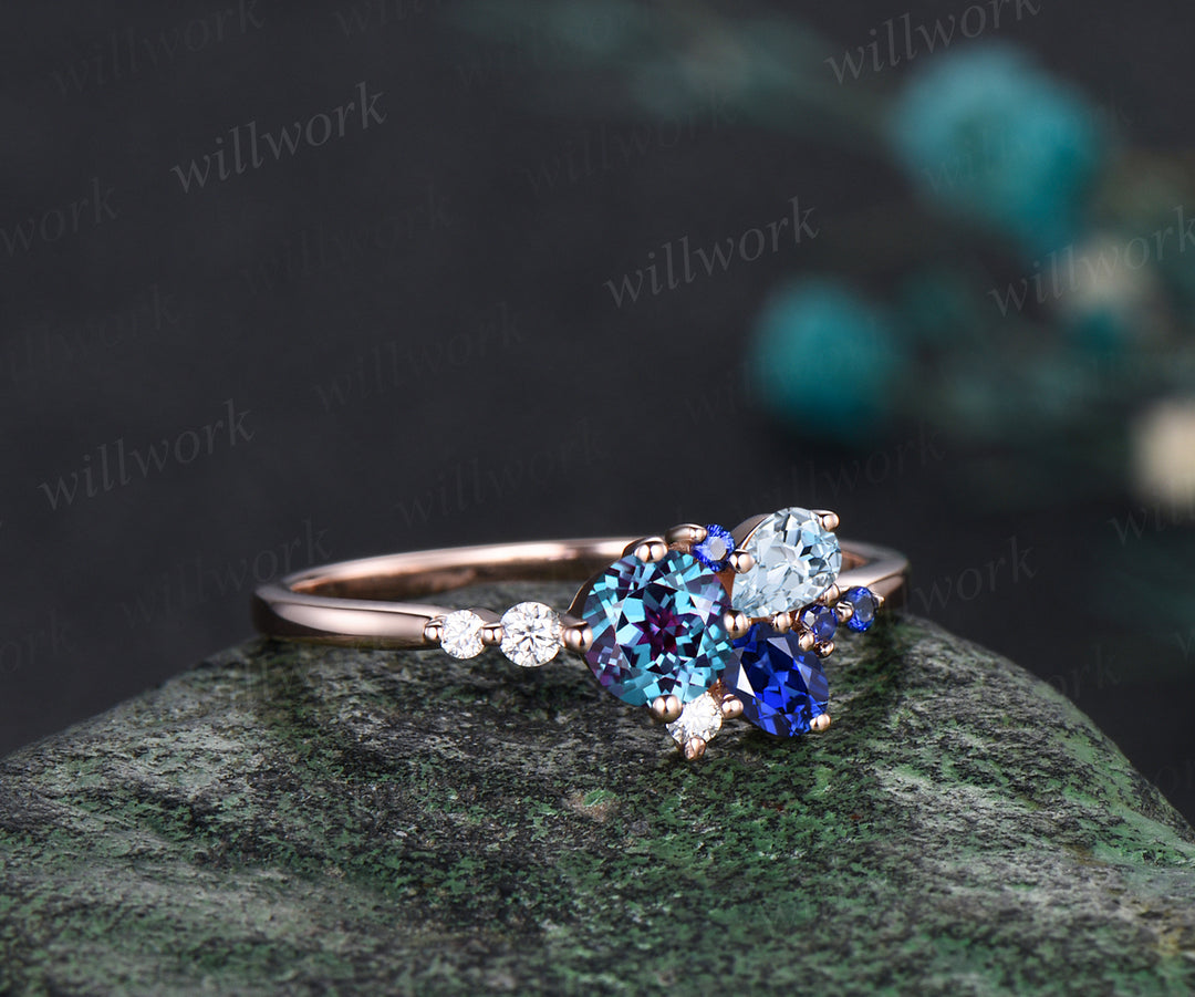 14K Gold Mixed Stone round cut Cluster Ring Christmas Ring Blue Sapphire Ring Alexandrite Anniversary Ring Blue Topaz Engagement Ring for anniversary