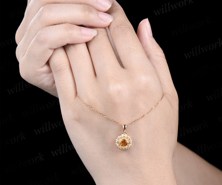 Round cut yellow citrine floral sun Necklace 14k yellow gold unique Solitaire Pendant women jewelry