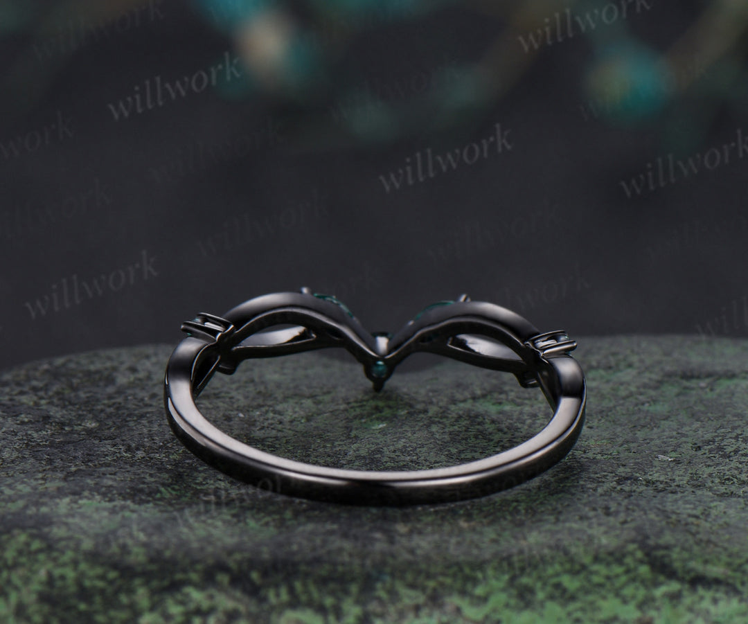 Curved emerald wedding band infinity marquise emerald stackable ring unique black gold wedding band for women
