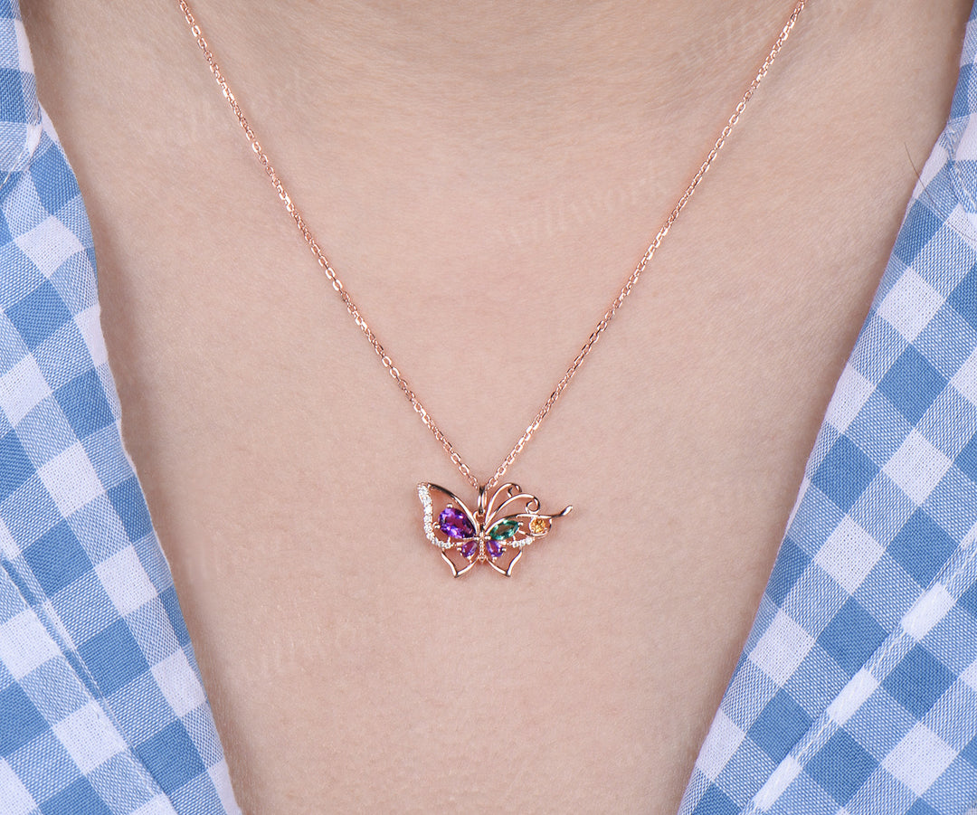 Pear amethyst butterfly necklace vintage emerald citrine filigree pendant elegant 14k rose gold necklace for women jewelry gifts