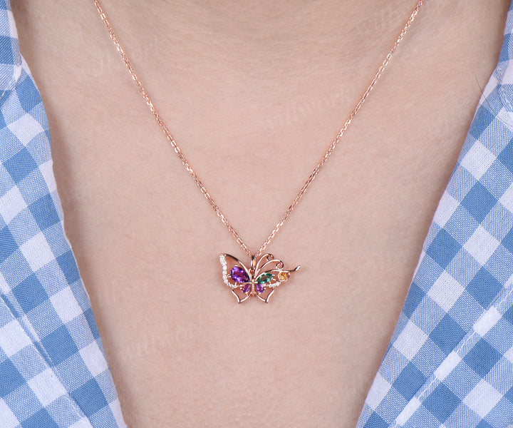 Pear amethyst butterfly necklace vintage emerald citrine filigree pendant elegant 14k rose gold necklace for women jewelry gifts