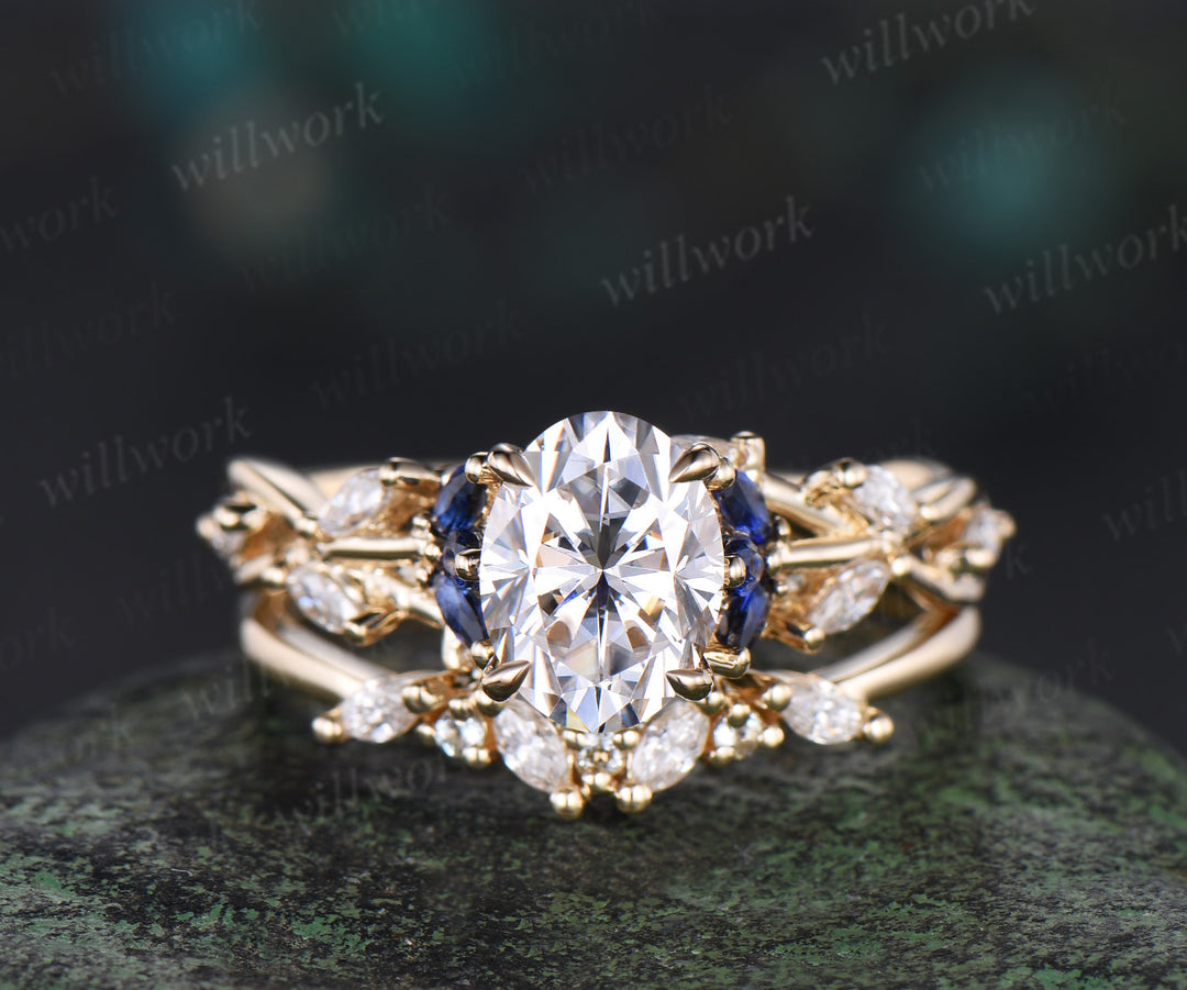 Vintage oval cut moissanite engagement ring set 14k yellow gold marquise sapphire diamond promise wedding ring set women jewely