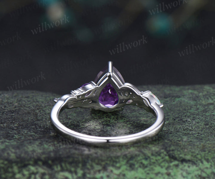 Pear cut purple amethyst engagement ring white gold infinity twisted opal anniversary ring gift