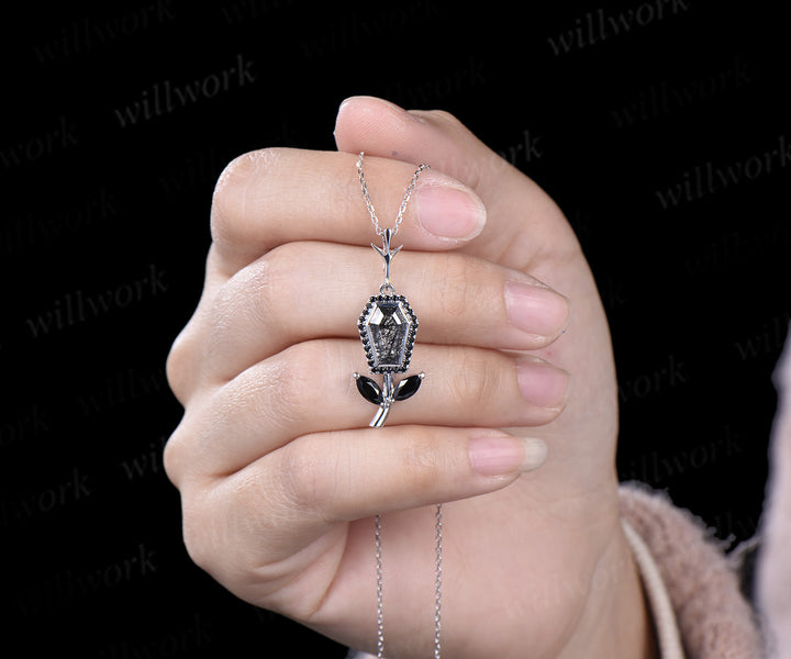 Vintage Coffin black rutilated quartz pendant necklace solid 14k 18k white gold halo black spinel Personalized anniversary Halloween Jewelry