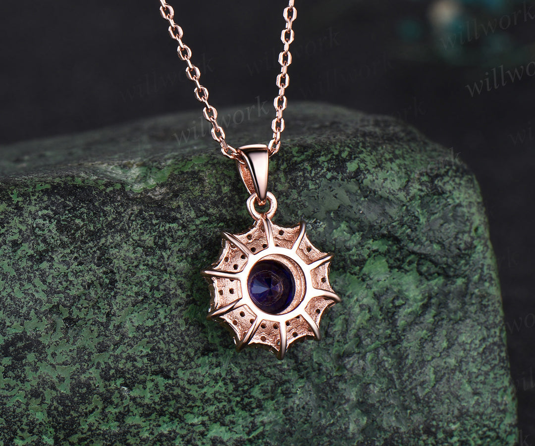 Round blue sapphire Necklace rose gold snowdrift double halo black diamond Pendant September birthstone anniversary gift