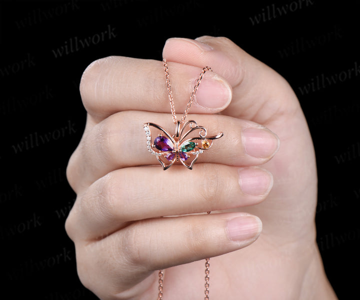 Pear amethyst butterfly necklace vintage emerald citrine filigree pendant elegant 14k rose gold necklace for women jewelry gifts