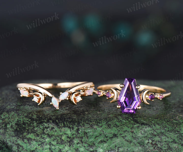 Coffin purple amethyst ring vintage five stone moon kite cut amethyst engagement ring set women opal wedding ring band anniversary gift