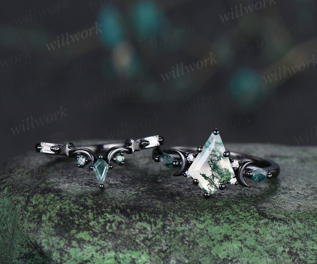 Black gold kite cut moss agate ring Unique crescent moon star engagement ring art deco delicate bridal wedding set handmade anniversary gift