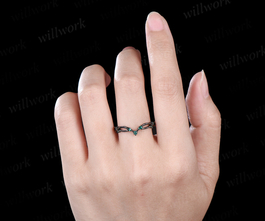 Curved emerald wedding band infinity marquise emerald stackable ring unique black gold wedding band for women