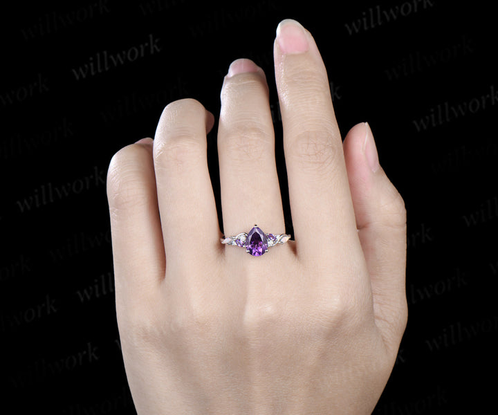 Pear cut purple amethyst engagement ring white gold infinity twisted opal anniversary ring gift