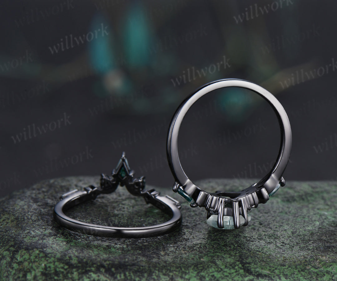 Black gold kite cut moss agate ring Unique crescent moon star engagement ring art deco delicate bridal wedding set handmade anniversary gift