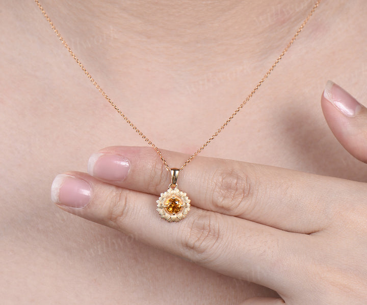 Round cut yellow citrine floral sun Necklace 14k yellow gold unique Solitaire Pendant women jewelry