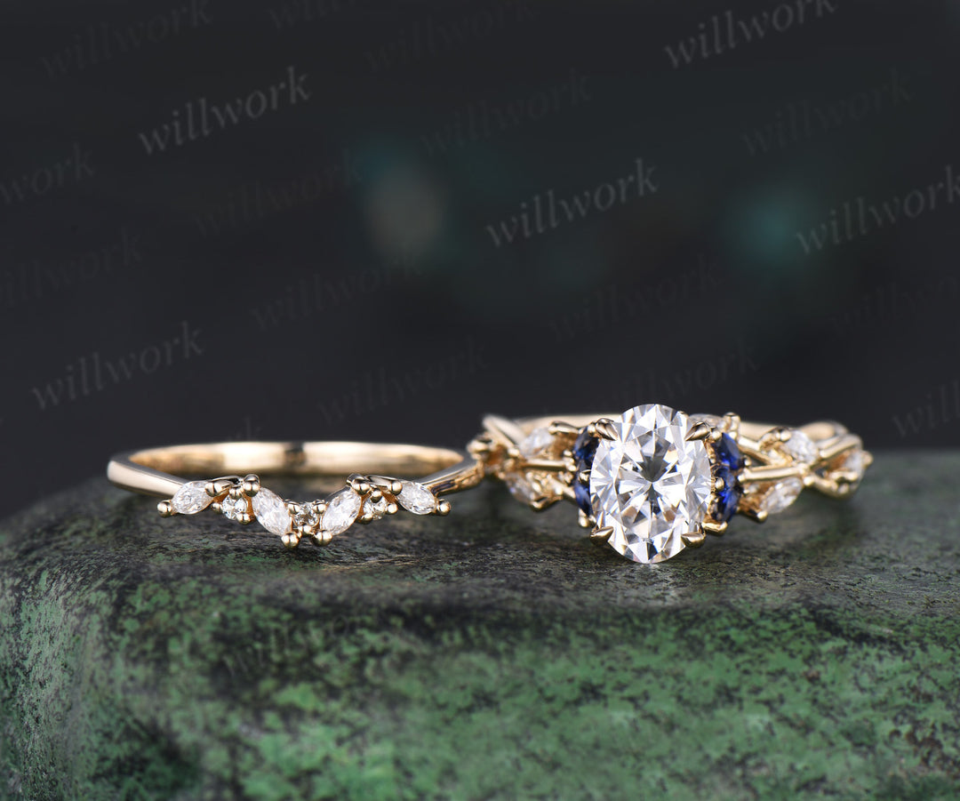 Vintage oval cut moissanite engagement ring set 14k yellow gold marquise sapphire diamond promise wedding ring set women jewely