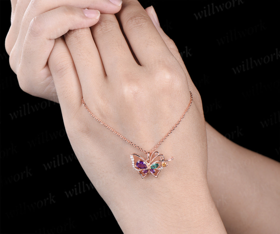 Pear amethyst butterfly necklace vintage emerald citrine filigree pendant elegant 14k rose gold necklace for women jewelry gifts