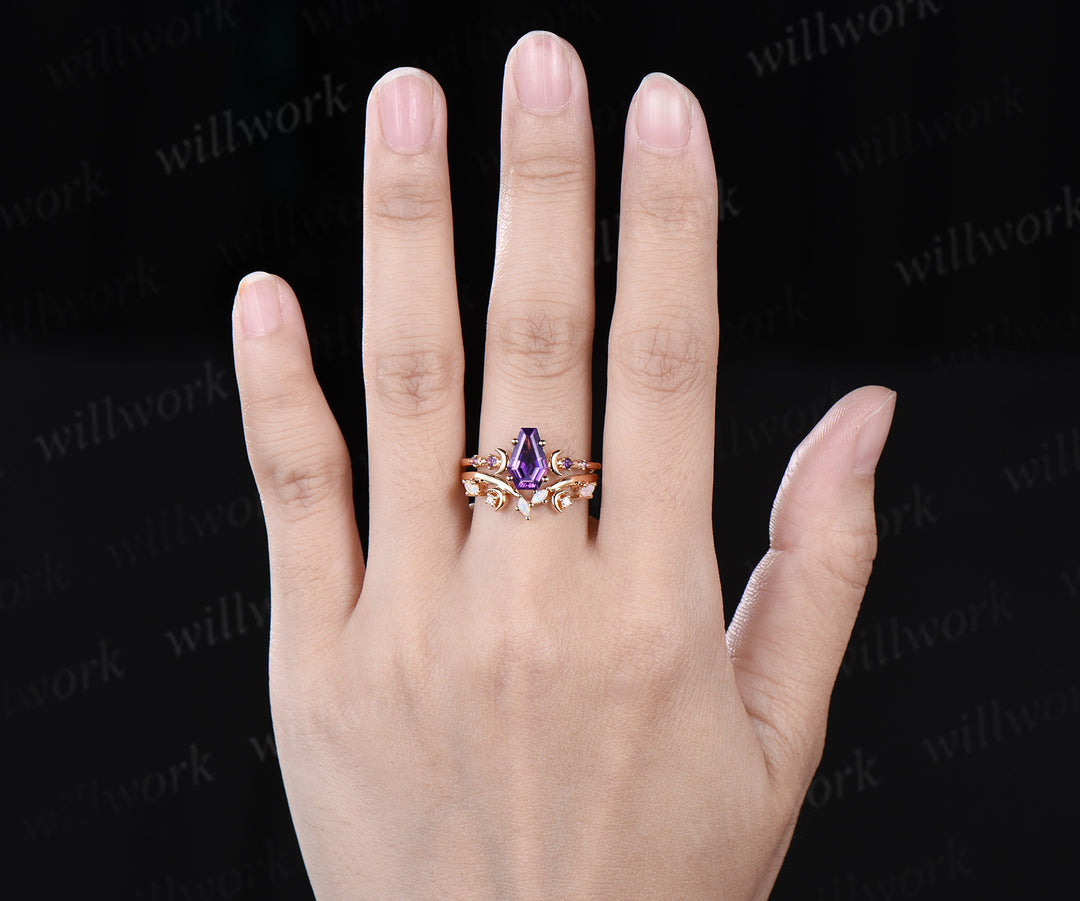 Coffin purple amethyst ring vintage five stone moon kite cut amethyst engagement ring set women opal wedding ring band anniversary gift