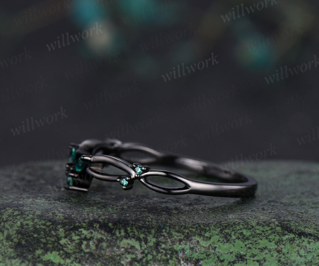 Curved emerald wedding band infinity marquise emerald stackable ring unique black gold wedding band for women