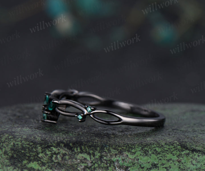 Curved emerald wedding band infinity marquise emerald stackable ring unique black gold wedding band for women