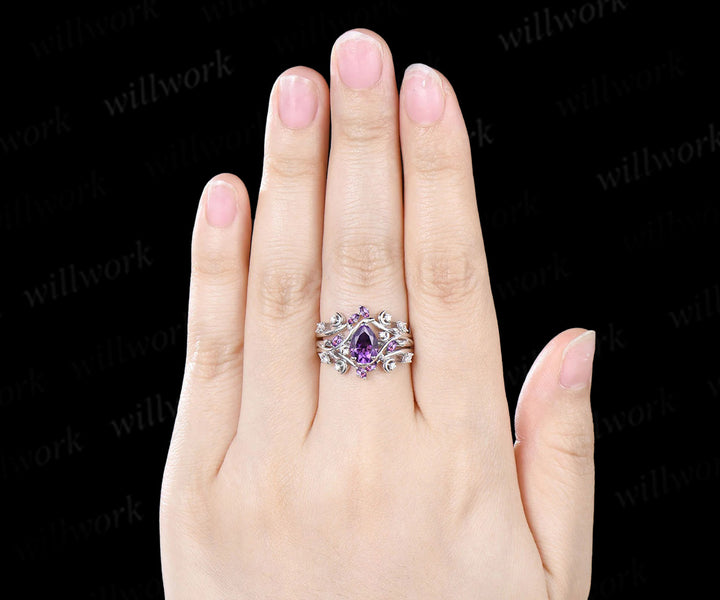 Pear Purple Amethyst Engagement Ring Nature Inspired Branch Leaf Moon Sold Gold Wedding Ring Set