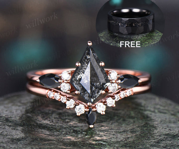 Rose Cut Natural Genuine Kite Salt and Pepper Diamond Engagement Ring Set Diamond Bridal Wedding Ring Set for Women