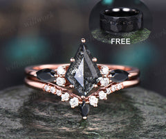 Rose Cut Natural Genuine Kite Salt and Pepper Diamond Engagement Ring Set Diamond Bridal Wedding Ring Set for Women