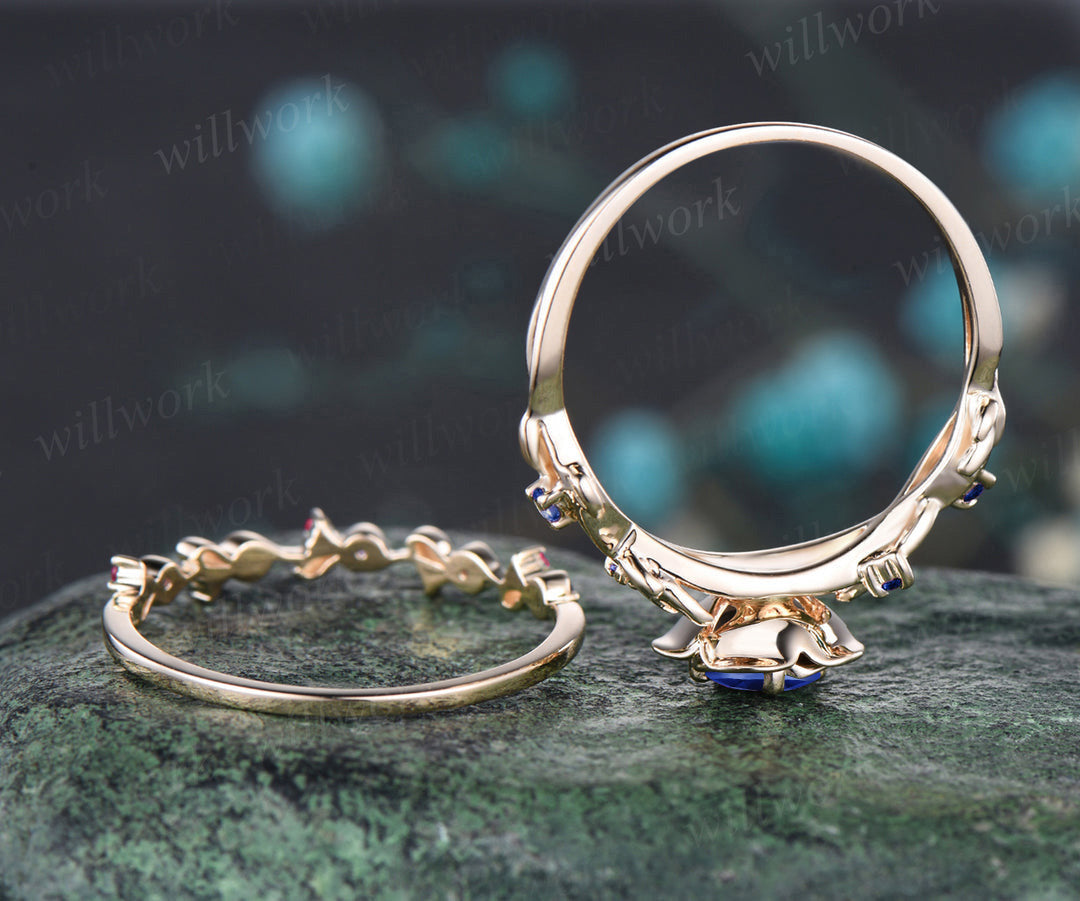 Unique Rose Flower Vine Twig Branch Nature Inspired Ring Sapphire Engagement Ring Ruby Amethyst Floral Leaf Wedding Band 2pcs Bridal Ring Set