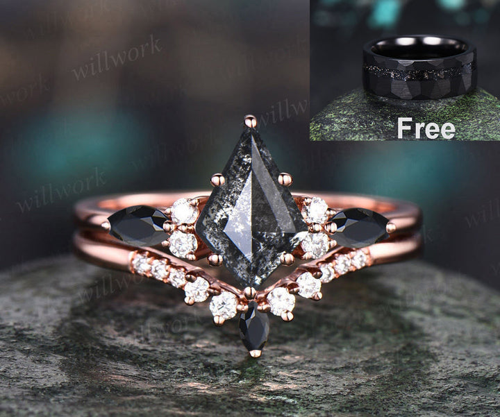 Rose Cut Natural Genuine Kite Salt and Pepper Diamond Engagement Ring Set Diamond Bridal Wedding Ring Set for Women