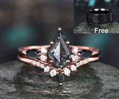 Rose Cut Natural Genuine Kite Salt and Pepper Diamond Engagement Ring Set Diamond Bridal Wedding Ring Set for Women