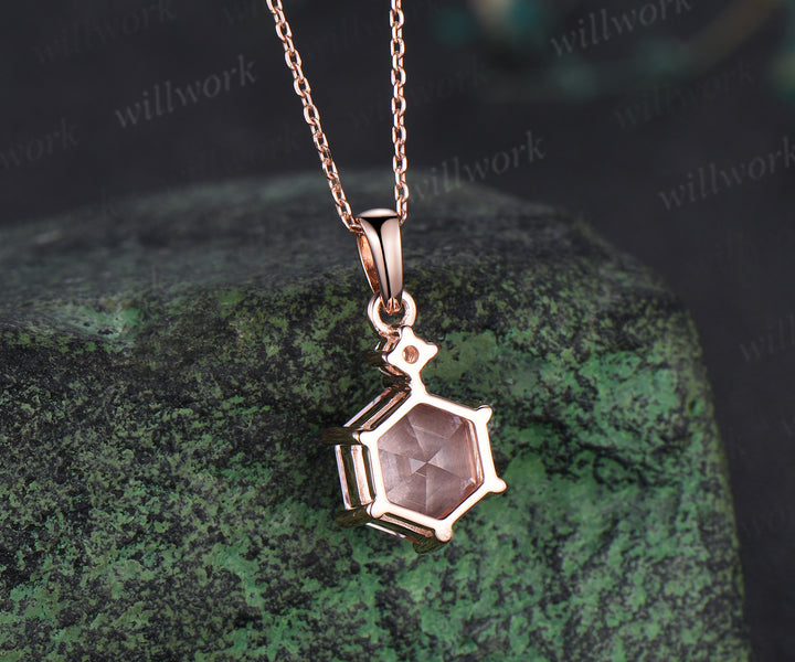 Hexagon Padparadscha sapphire necklace minimalist pink sapphire moissanite pendant necklace birthday anniversary gifts