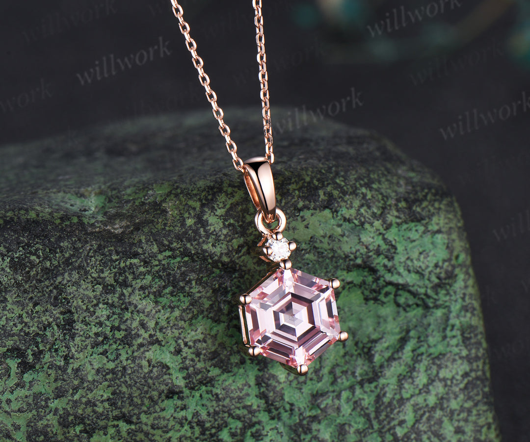 Hexagon Padparadscha sapphire necklace minimalist pink sapphire moissanite pendant necklace birthday anniversary gifts