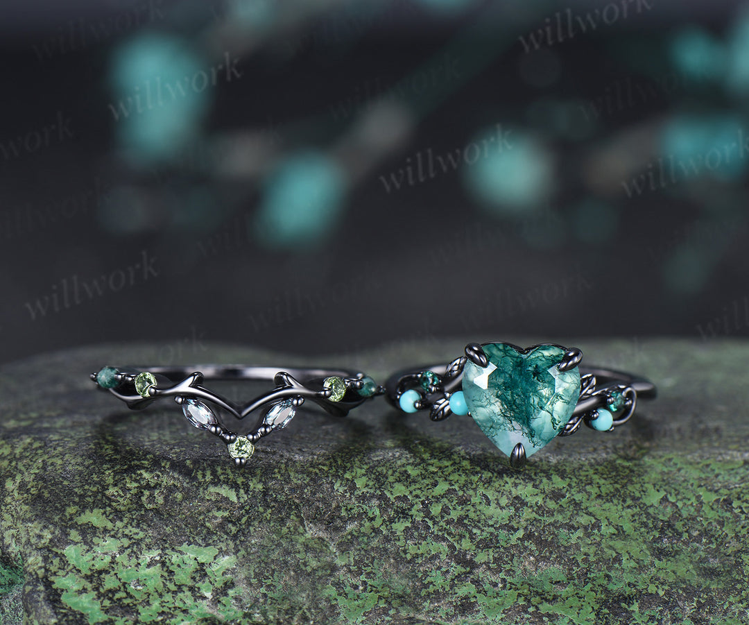 Heart Moss Agate Engagement Ring Set Twig Leaf Turquoise Emerald Ring Alexandrite Branch Wedding Band Unique Bridal Set