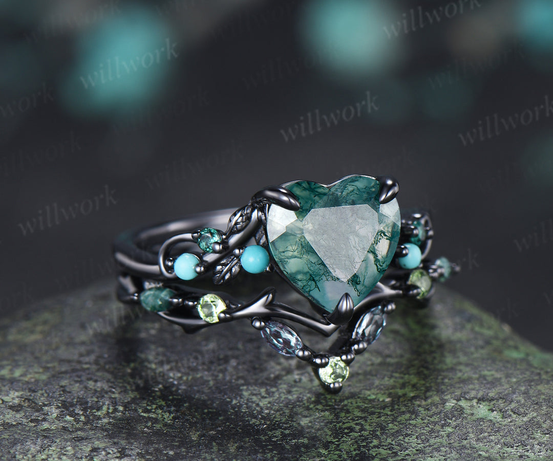 Heart Moss Agate Engagement Ring Set Twig Leaf Turquoise Emerald Ring Alexandrite Branch Wedding Band Unique Bridal Set