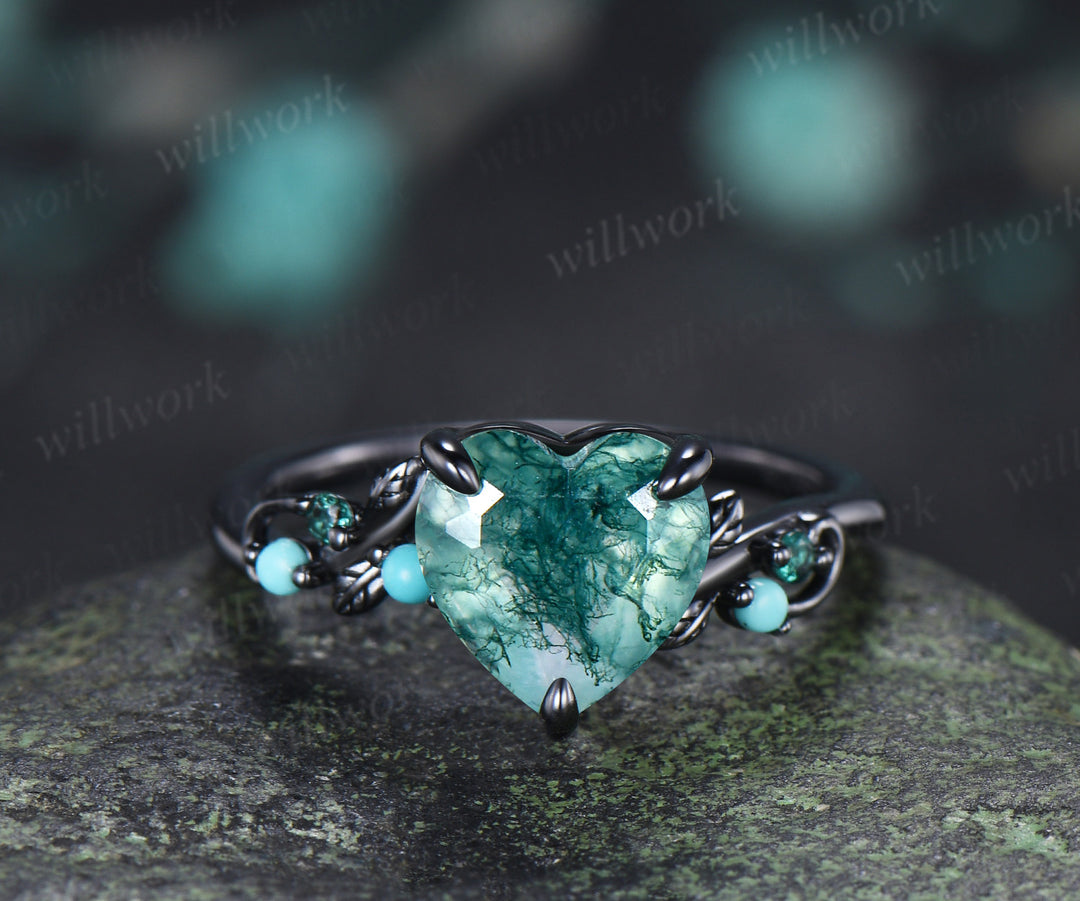 Heart Moss Agate Engagement Ring Set Twig Leaf Turquoise Emerald Ring Alexandrite Branch Wedding Band Unique Bridal Set