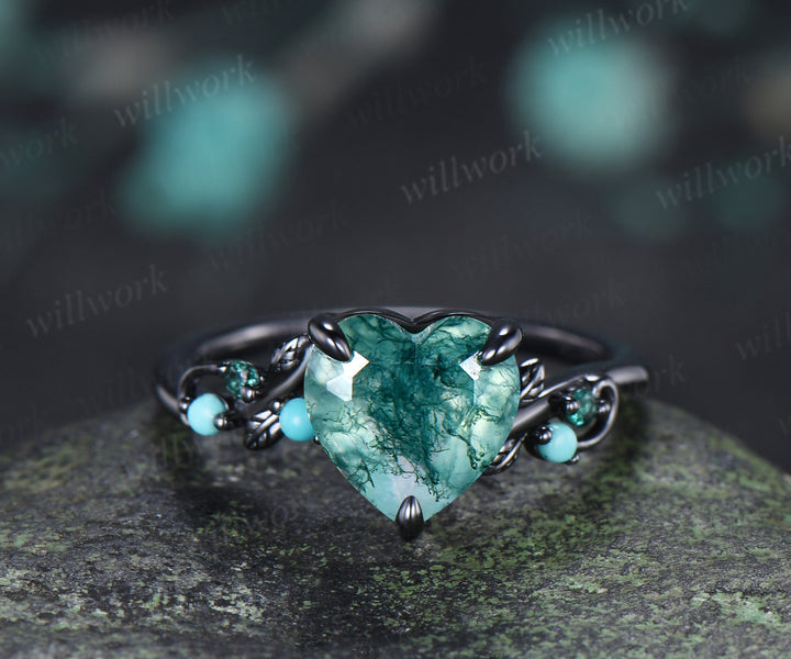 Heart Moss Agate Engagement Ring Set Twig Leaf Turquoise Emerald Ring Alexandrite Branch Wedding Band Unique Bridal Set