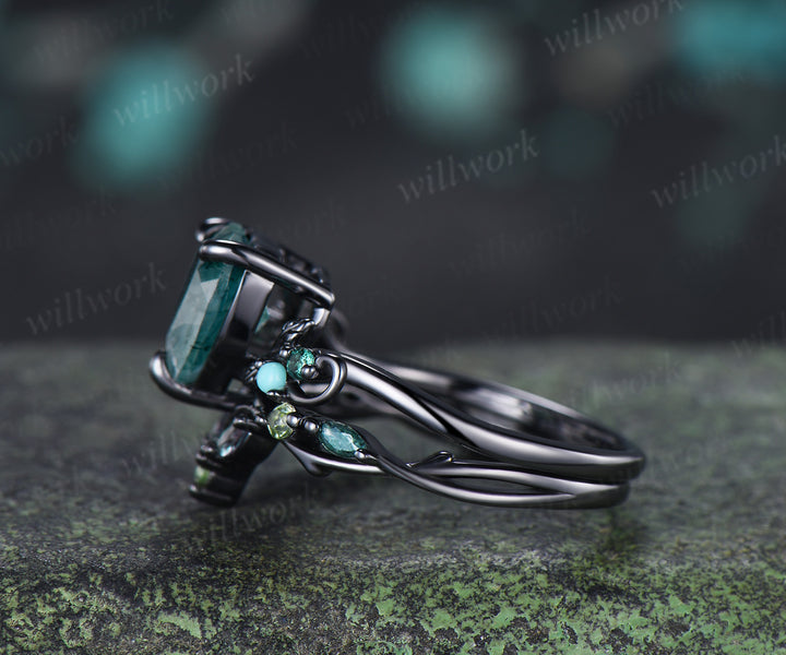Heart Moss Agate Engagement Ring Set Twig Leaf Turquoise Emerald Ring Alexandrite Branch Wedding Band Unique Bridal Set